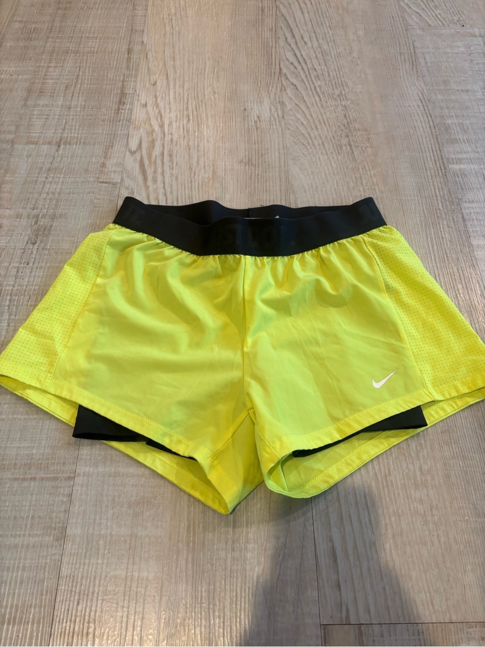 Nike Women's Neon Yellow Athletic Shorts with Black Waistband